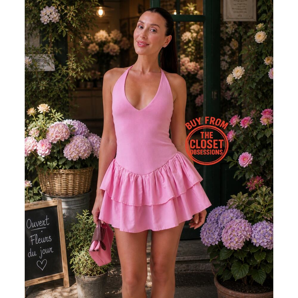 Zara NWT Pink Halter Ruffle Mini Dress M